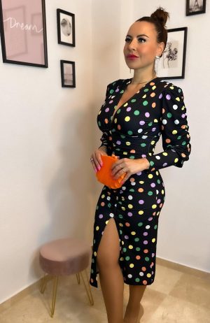 Vestido midi topos colores con abertura central y escote en V